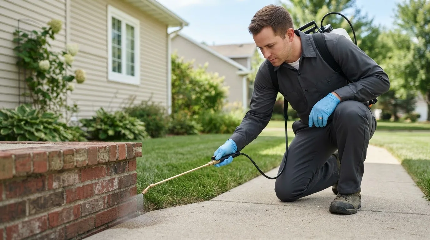 Pest control technician treating a home near Cleveland, WV